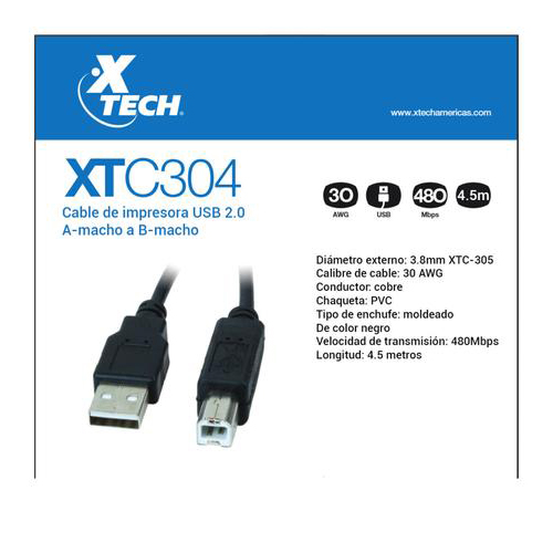 87884.jpg XTC-303 - XTECH CABLE DE IMPRESORA USB 2.0 TiPO A MACHO 3.0 METROS - Imagen 1
