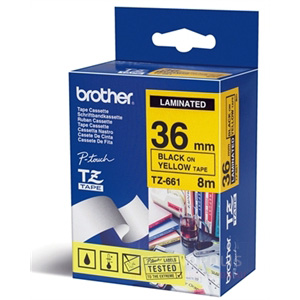 42447.jpg TZE-661 CINTA BROTHER 36MM 8MTS NEGRO S/AMARILLO PT-H110/D400/D600/E300/E550W/P9 - Imagen 1